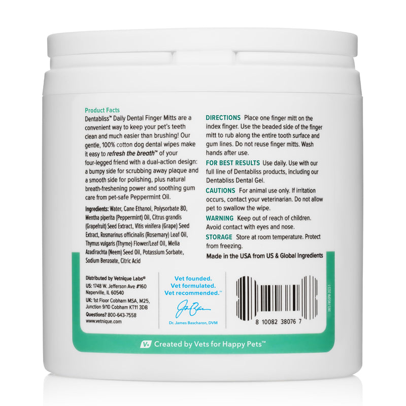 [Australia] - Vetnique Dentabliss - Dog Teeth Cleaning Finger Mitt Dental Wipe - Dog Plaque & Tartar Prevention with Brushing Beads - Flavored Dog Teeth Wipes, Dog Breath Freshener (Peppermint) Peppermint 