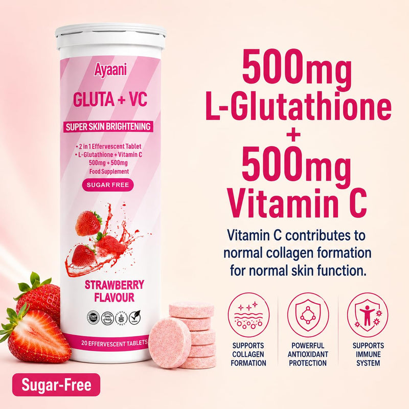 Glow Strawberry — Glutathione 500mg + Vitamin C 500mg | Beauty Drink for Skin Glow | Even Tone | Radiance | Zero Sugar and No Fillers | Effervescent Tablets | 20 Count