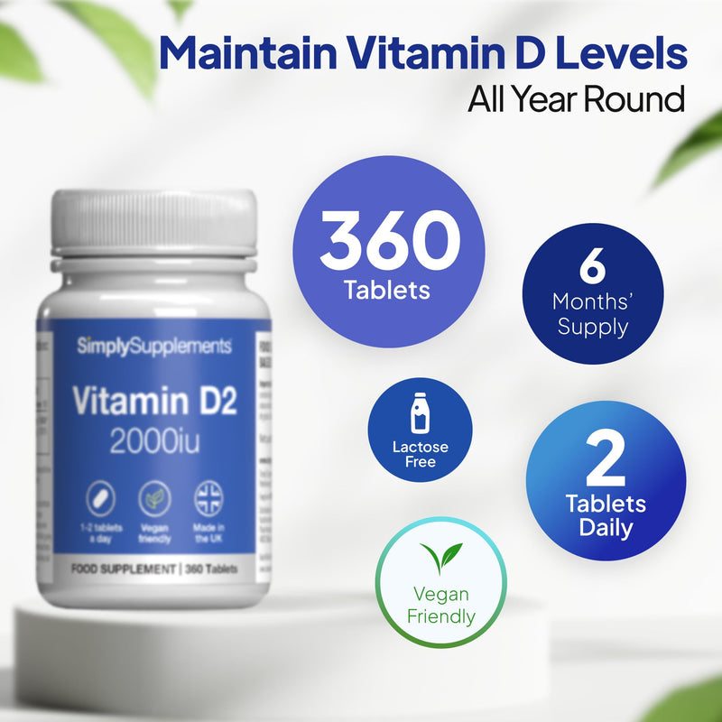 Vitamin D2 2000 IU | Supports Healthy Bones, Muscles & Immune Function | 360 Tablets (12-Month Supply) | Manufactured in The UK to GMP Standards | Suitable for Vegetarians Unflavoured 1 count (Pack of 360)