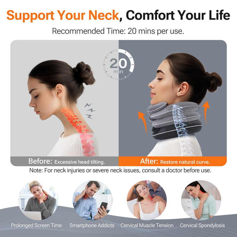 [Australia] - Built-in Inflatable Neck Stretcher, Cervical Traction Device with High-Front & Low-Back for Effective Traction and Support, Neck Decompression Devices with 3-Layer Chambers in Varied Sizes, Home Use Gray 