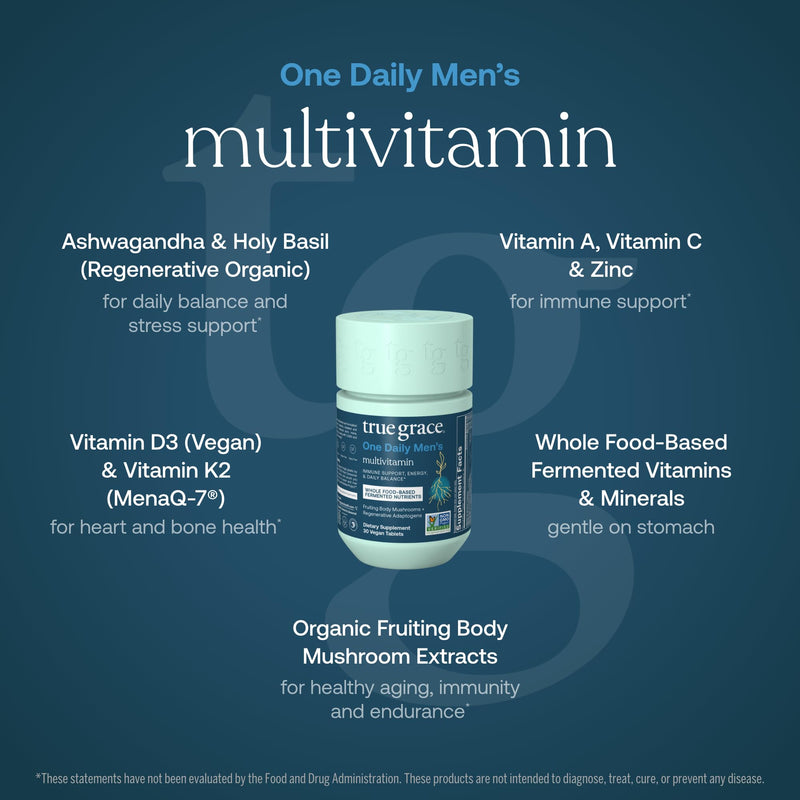 True Grace One Daily Men’s Multivitamin Fermented Minerals, Organic Adaptogens & Mushrooms Whole Body Balance Immune, Endurance, Bone & Heart Support - Non-GMO, Gluten Free - 30 Vegan Tablets 30 Day Supply