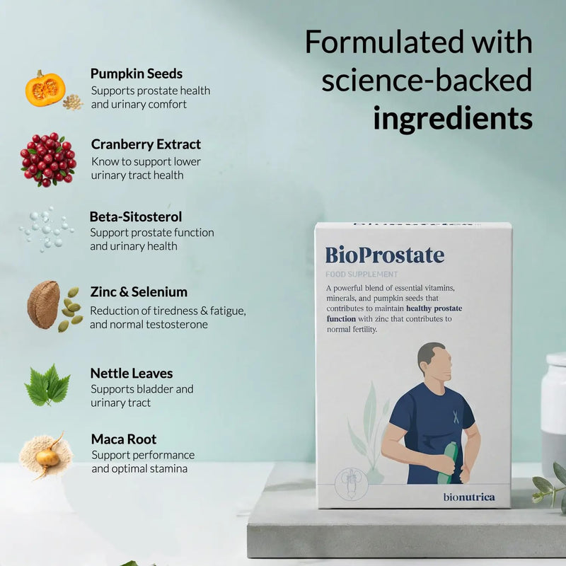 BioProstate – Advanced Prostate Support & Testosterone Level Support | Pumpkin Seed, Maca Root, Nettle Leaf, Zinc, Vitamin B6 & Cranberry Extract | 100% Natural | 60 Tablets- GMP-Certified Facility