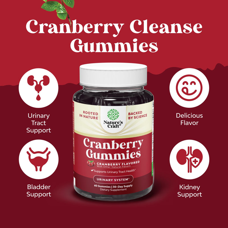 Natural Cranberry Gummies for Women and Men - Extra Strength Delicious Antioxidant Cranberry Chews for Urinary Tract Health - Kidney & Bladder Support with Immune Health - Vegan & Gluten Free - 60 Ct
