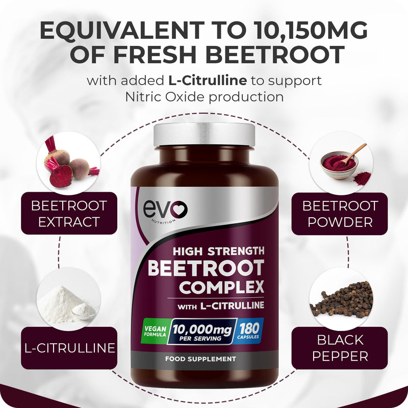 Beetroot Complex & L-Citrulline 10,000mg | 180 Capsules | High Strength | Nitric Oxide Booster to Support Circulation for Energy & Daily Wellness | Vegan, Non-GMO, UK Made, 3 Months | EVO NUTRITION