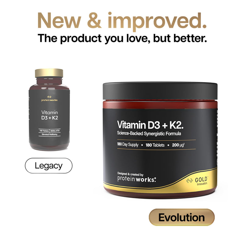 Vitamin D3+K2 - Gold Innovation, 4000IU Vitamin D3, 100μg Vitamin K2, High Potency Vitamin Supplement, Supports Bone Health & Immune System Function, 180 Tablets, 6 Month Supply | Protein Works