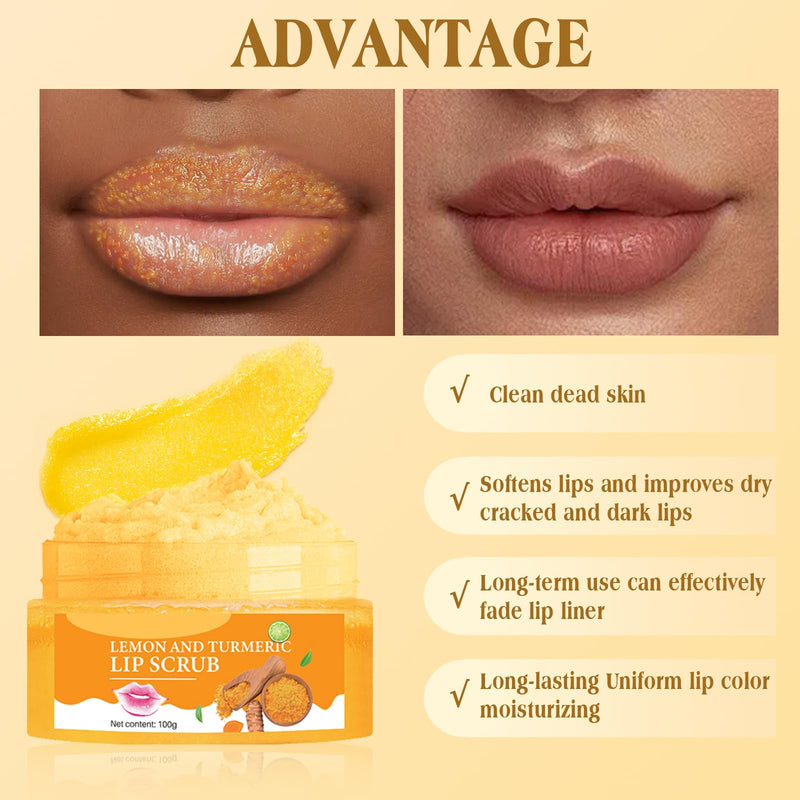 [Australia] - Turmeric Lemon Lip Scrub with Brush, Lip Scrubber Exfoliator for Dark Lips, Dry, Chapped Lips, Reduce Fine Lines, Natural Nourish Sugar Lip Scrub with Aloe Vera, Deep Hydration Moisturization 100g 2.26 Ounce (Pack of 2) 