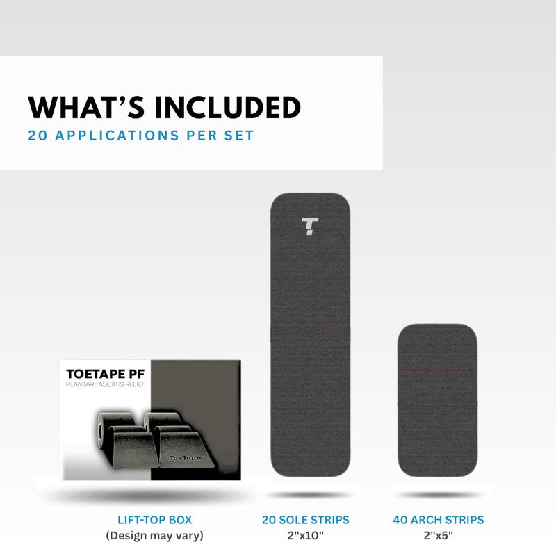 Plantar Fasciitis Tape, 20 Applications - Precut Kinesiology Tape Strips for Foot Soreness Relief - Also Great for Shin Splints - Includes 20 2x10" Strips & 40 2x5" Strips (Black, 20 Count) Black