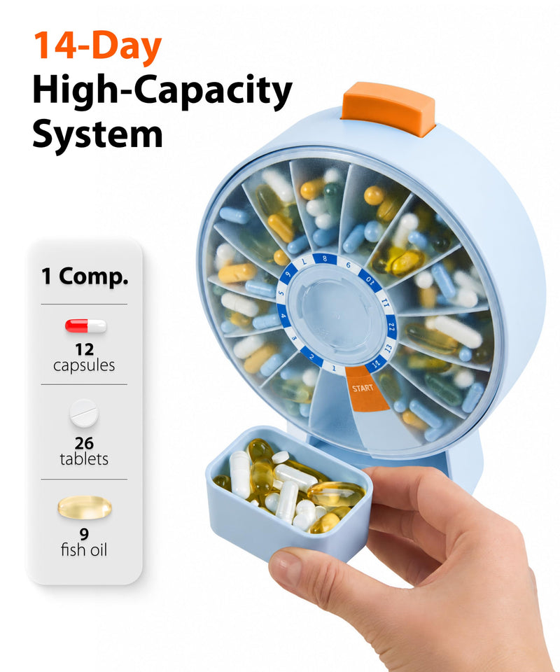 Pill Dispenser 14 Day – Rotating Medicine Organizer Wheel with Push Button, Wall Mounted or Desktop Manual Pill Dispenser for Elderly & Seniors, Large Capacity Vitamin & Medication Organizer Blue