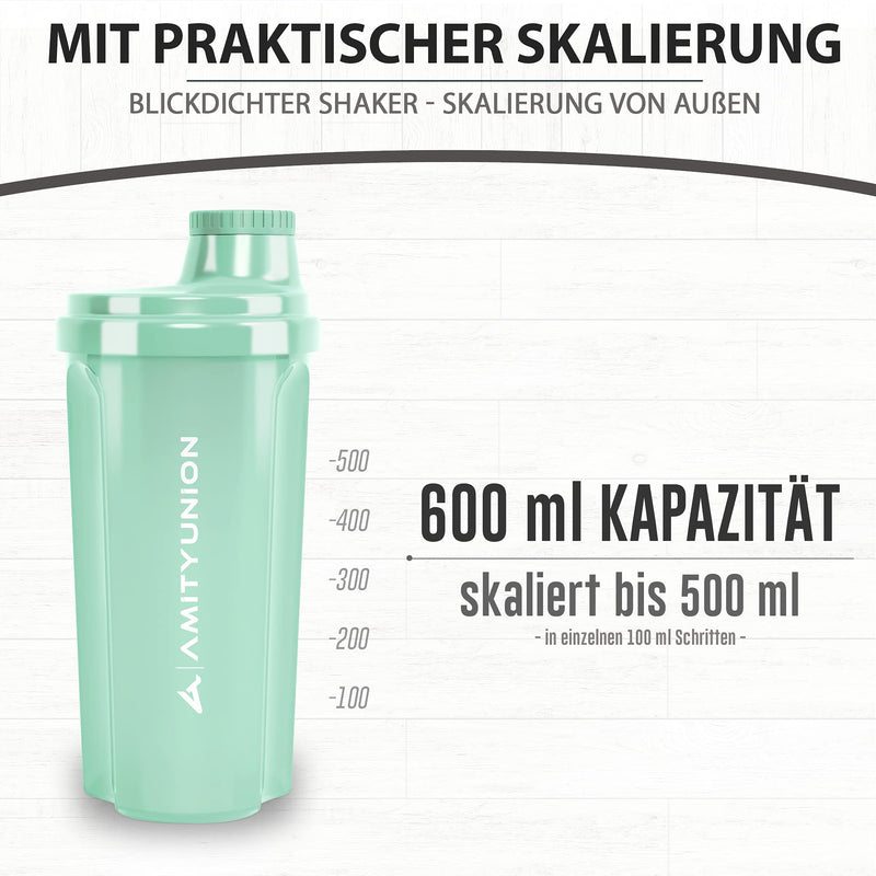 [Australia] - AMITYUNION protein shaker “Heaven” 500 ml leak-proof, BPA free, with sieve & scale - ORIGINAL - for creamy whey protein powder shakes, protein isolates & BCAA concentrates, protein shaker in mint blue 