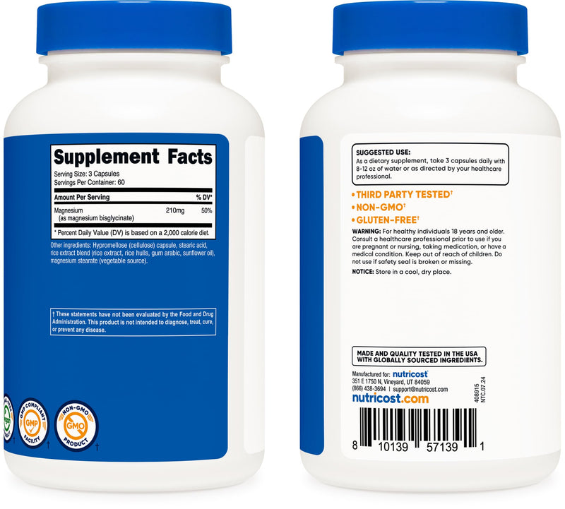 [Australia] - Nutricost Magnesium Glycinate Capsules (180 Capsules, 210 mg Per Serving) - Magnesium Glycinate Supplement for Gentle Absorption Unflavored 180 Count (Pack of 1) 