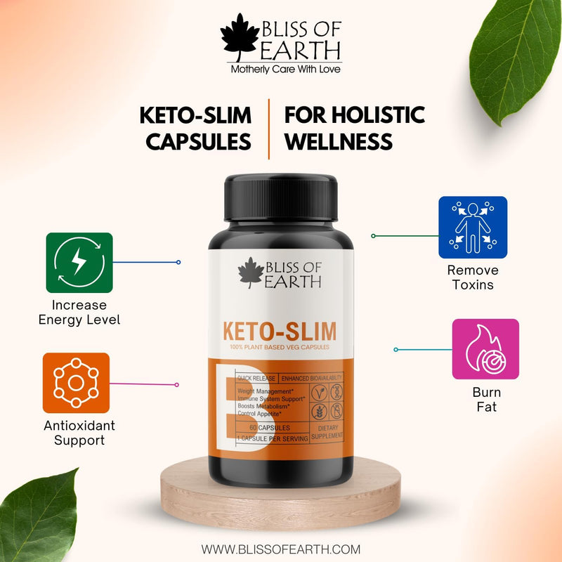 Bliss of Earth Keto Slim Weight Management Pills, Keto Diet Safe, Natural Fat Burner, Appetite Suppressant, Non-GMO, Gluten Free, 60 Veg Capsules