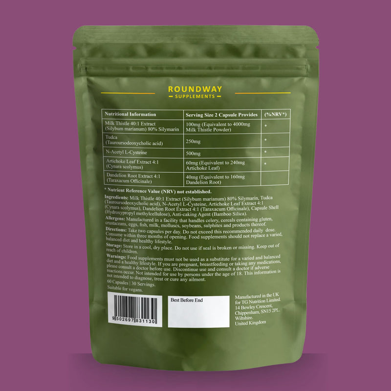 Liver Detox and Repair Supplement with Milk Thistle High Strength with Dandelion Root, Tudca, Artichoke & NAC Supplement | 60 Capsules | Made in UK by Roundway Supplements