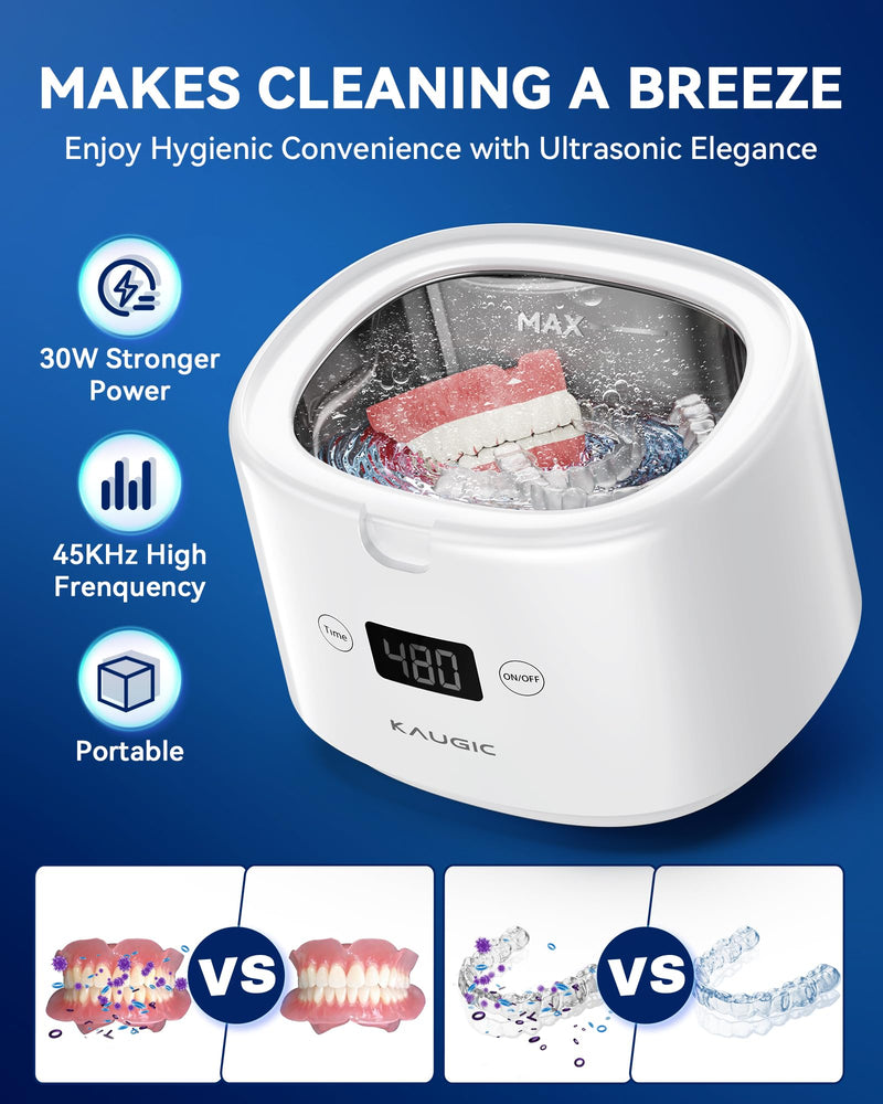 [Australia] - Retainer Cleaner with Upgraded MCU, 30W/45kHz Ultrasonic Frequency, 230ML Portable Retainer Cleaner Machine for Mouth Guards, Dentures, Night Guard, Aligner -White White 