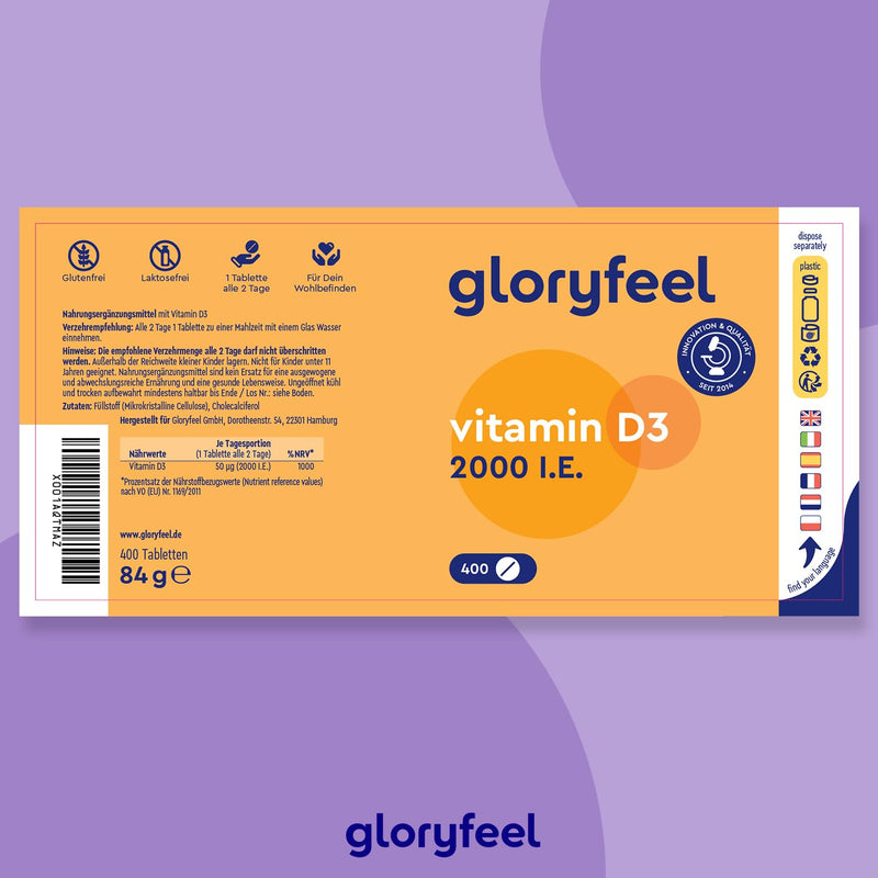 [Australia] - Vitamin D3 2000 IU - 400 tablets (long-term supply) high dosage - The sunshine vitamin for the immune system & bones* - 100% pure cholecalciferol - Laboratory tested & made in Germany without additives 