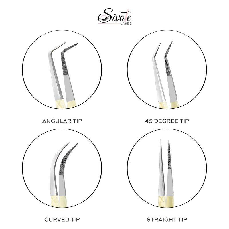 SIVOTE Fiber Tips Lash Tweezers for Eyelash Extensions, Set of 4, Curved, Dolphin, 90 Degree & 45 Degree Tweezer, Vanilla 4 Pack
