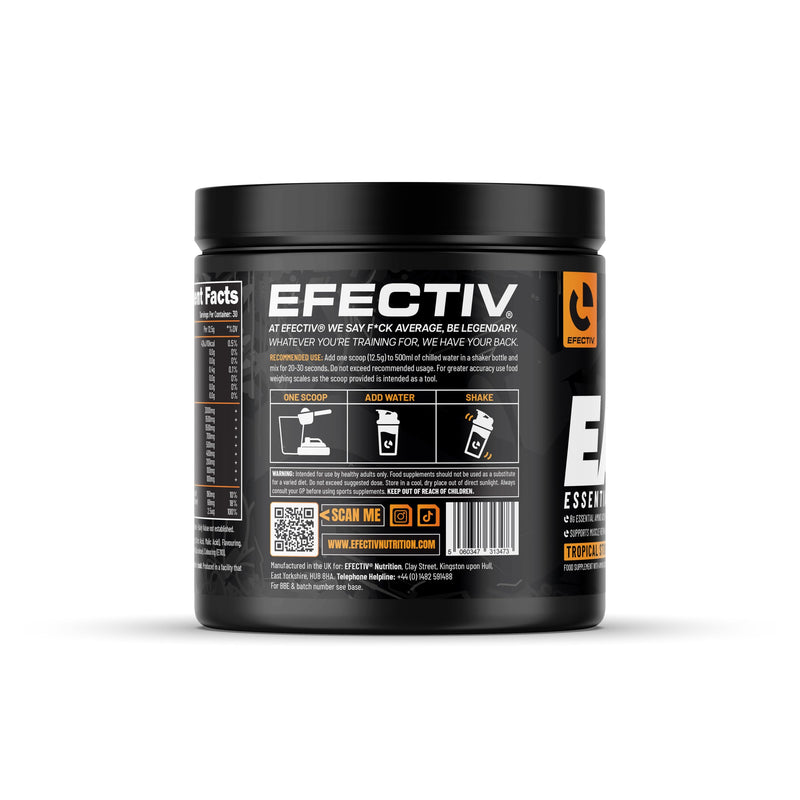 EFECTIV Nutrition EAA 375g Amino Acid Supplements - 8g EAA Amino Acids & 6g BCAAs for Muscle Growth, Recovery & Hydration - Vegan, Zero Sugar, Gluten-Free - 30 Servings (375g, Tropical Storm)