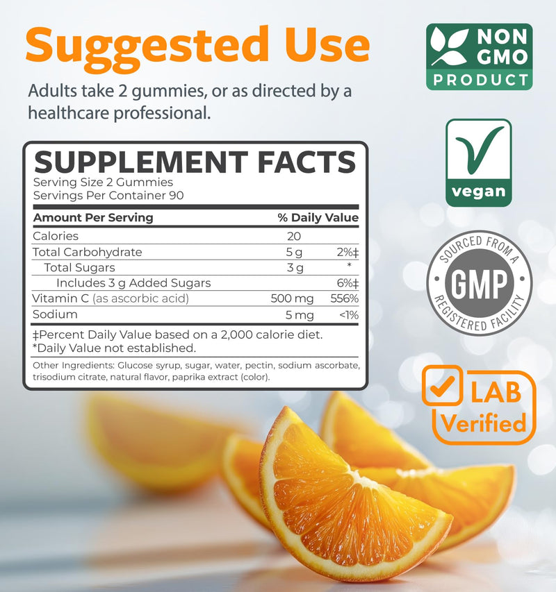 Vegan Vitamin C Gummies for Adults - Immune Support Gummies with Chewable Vitamin C 500mg per Serving for Daily and Seasonal Wellness - High Potency Non-GMO Formula - Orange Flavor (3 Month Supply) Gummy 180 Count (Pack of 1)
