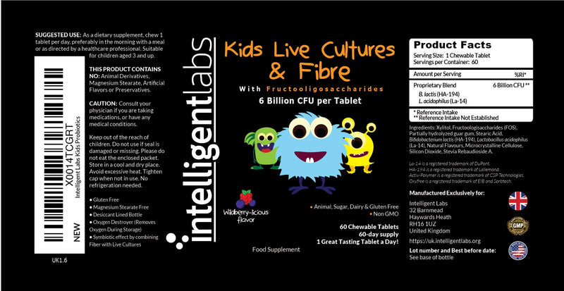 Intelligent Labs 6 Billion CFU Kids/Children's Live Cultures and Fiber with PHGG & FOS, Once-Daily Chewable, Great Taste, 10x Effectiveness, 60-Day Supply, Third-Party Verified