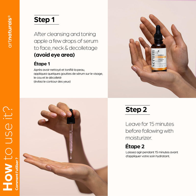 ArtNaturals Vitamin C Serum with Hyaluronic Acid, 1 fl oz | Brightens Complexion, Evens Skin Tone, Smooths Fine Lines, Antioxidant Support, Fast-Absorbing, Radiant-Looking Skin