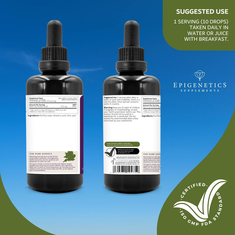 Vitamin B3 Niacin 100ml Liquid Supplements | 100% Pure & Natural Niacin 12.5mg | UK Made & Vegan Friendly | 4 Months Supply | UV Protected Miron Violet Glass | 10 Drops Daily