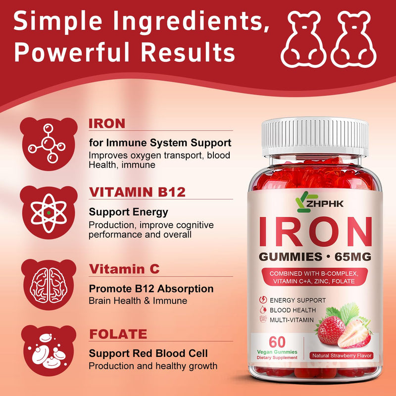 [Australia] - Iron Supplement Gummies, 65mg Iron and 250mg Vitamin C for Women Men Kids, Natural Vegan Iron Gummy with Vitamin A, B-Complex, Biotin, Zinc & Folate Energy Support & Immune Health, 60 Gummies Strawberry 60 Count (Pack of 1) 