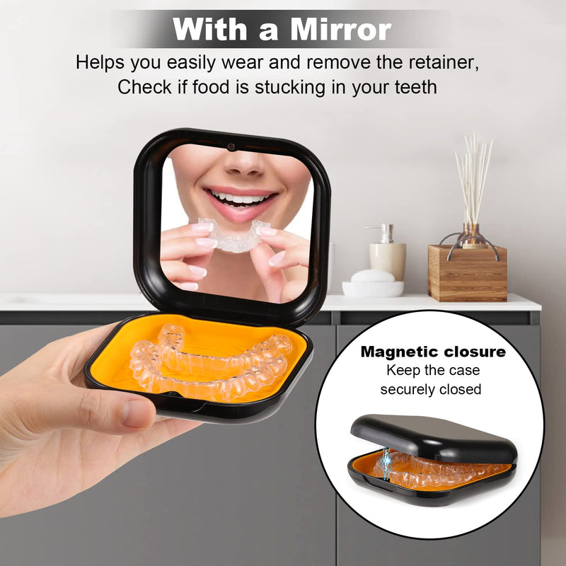 Retainer Case, Slim Aligner Case with Mirror, Compatible with Invisalign, Night Guard and Mouth Guard, Premium Retainer Case, With Aligner Remover Tool, Chew & Brush, Black Square: Black