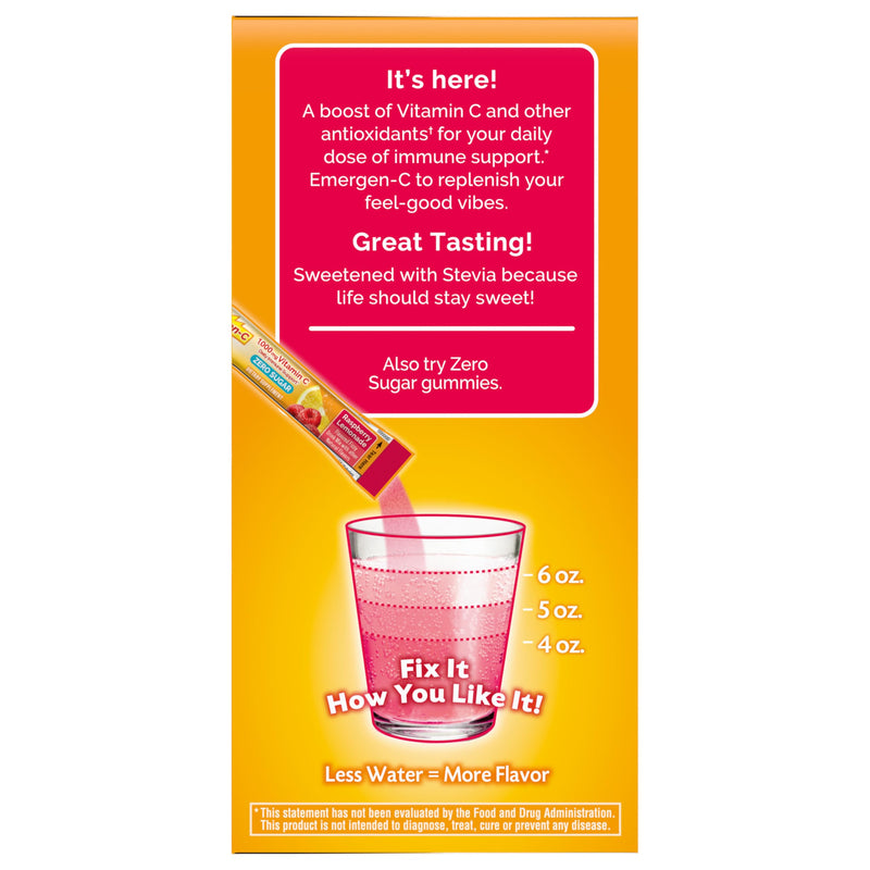 Emergen-C Vitamin C 1000mg Immune Support, Raspberry Lemonade, 36 Packets | Zero Sugar, B Vitamins for Energy, Zinc and Manganese, Electrolytes, Stevia Sweetened, Caffeine Free 6.1 Ounce (Pack of 1)