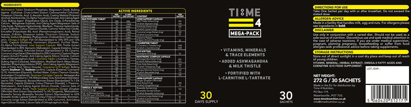 Time 4 Mega - Pack 30 Day Supply - Ultra High Strength Vitamins, Minerals, Trace Elements, Herbal Extracts, Omega 3 Fatty Acids, L-Carnitine, CoQ10, Liver Support Liver Health & Nootropic Complex