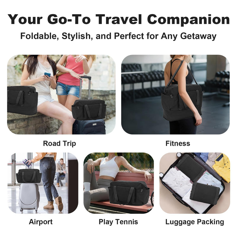 Foldable & Expandable Personal Item Travel Bag,black | Waterproof ,Wet-Dry Compartment ,Luggage Sleeve,Detachable Crossbody Strap,Carry on Bag,Weekender Bag for Women,Gym,Overnight Black
