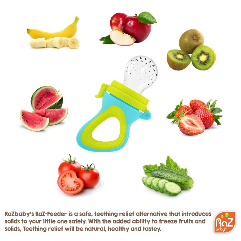 [Australia] - RaZbaby Baby Solids/Frozen Fruit Feeder Pacifier, Infant Teether Toy 6M+, BPA-Free Silicone Pouch & Nipple, Safely Introduce Solids, Teething Relief, Dishwasher Safe, 2-Pack – Orange/Blue + Green/Blue Blue/ Orange 