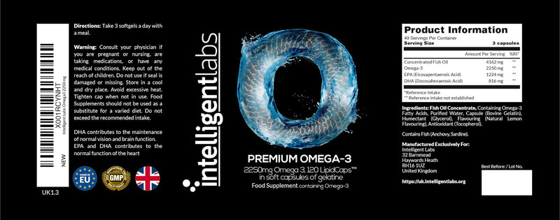 Intelligent Labs Omega 3 Fish Oil | 2250mg Triglyceride Form per 3-Softgel Serving | 1224mg EPA, 816mg DHA, 210mg Other Omega-3s | 120 Softgels | Fishoil Supplement for Men & Women