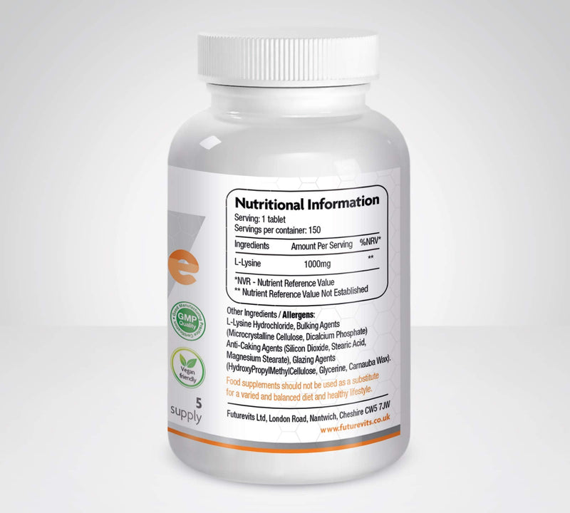 L-Lysine 1000mg 150 Tablets 5 Month Supply Vegetarian and Vegan Friendly Made UK Futurevits