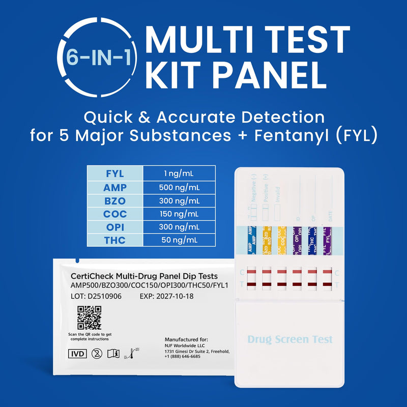 6 Panel Federal Multi-Drug Urine Test Kit, Federal 5 Urine Drug Test with Fentanyl (1 ng/mL), Cocaine, Amphetamines, Opiates, PCP & THC Tests for Home Use, Fast Results Multi-Panel Dip Tests at Home