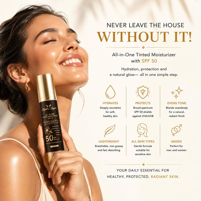April's Angels All in One Universal Tinted Moisturizer, Broad Spectrum SPF 50 PA+++, with Hyaluronic Acid, Jasmine Extract, Vitamins C and E. 1.7 fl oz | SPF 50