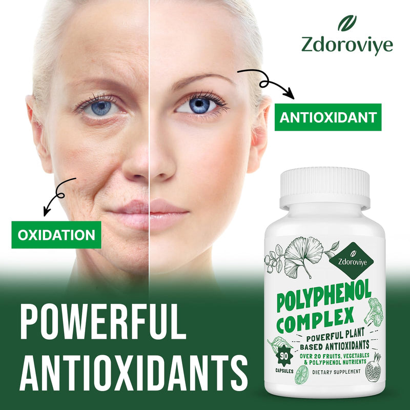 [Australia] - 2250 MG Polyphenols Supplement Over 20 Fruits, Vegetables & Polyphenols, Quercetin, Resveratrol, Turmeric, Green Tea, Powerful Antioxidants, Polyphenols for Age Defense, Immune System, 90 Capsules 90 Count (Pack of 1) 