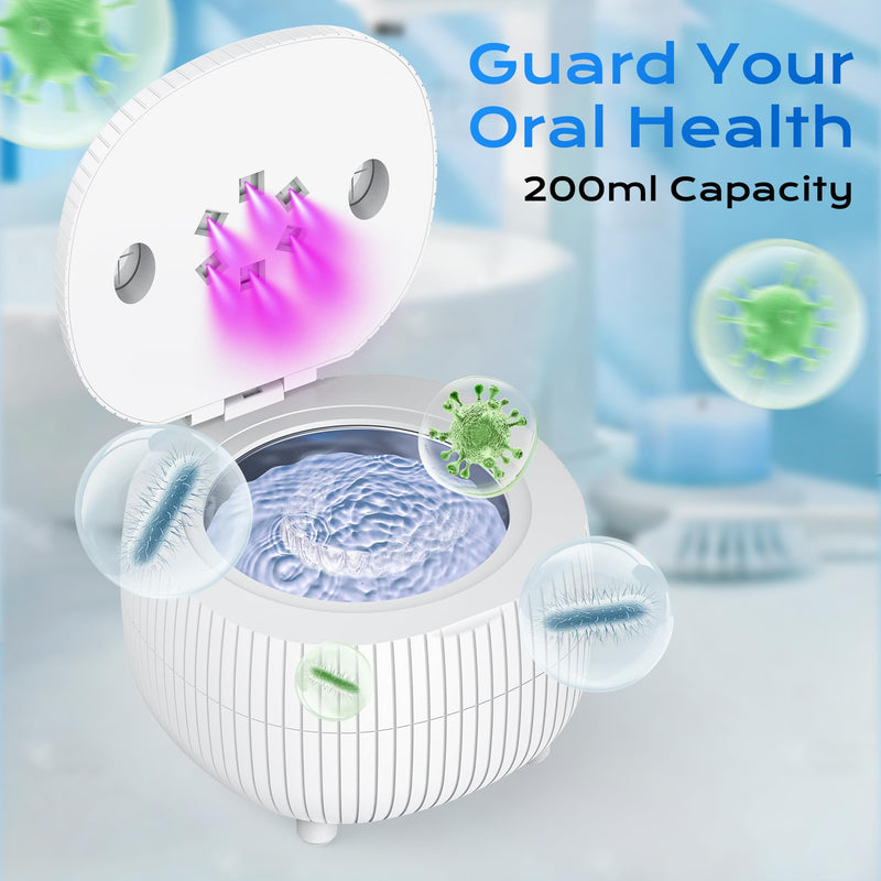 [Australia] - Ultrasonic Retainer Cleaner Machine, 45khz 25W Dental Cleaning Pod for Denture, Mouth Guard, Aligner, Night Guard, Braces, Ring and Jewelry, 200ml Portable White 