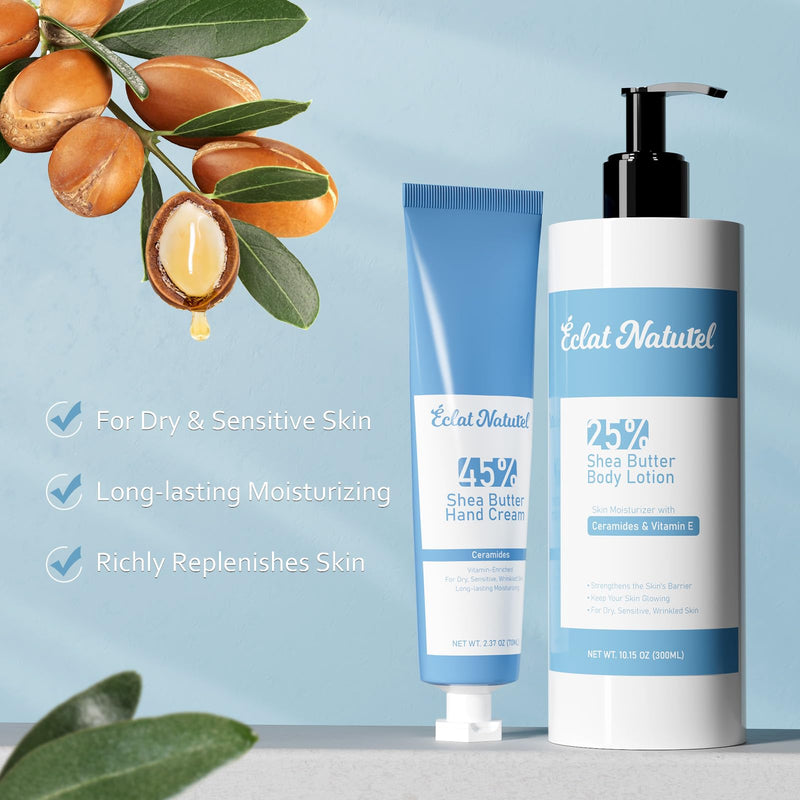 Shea Butter Hand Cream and Body Lotion, with Vitamin E Ceramide Niacinamide Moisturizing Cream for Dry Skin Care, 2.37 Fl Oz Hand Cream & 10.15 Fl Oz Body Lotion Vitamin E & Ceramides 12.52 Fl Oz (Pack of 1)