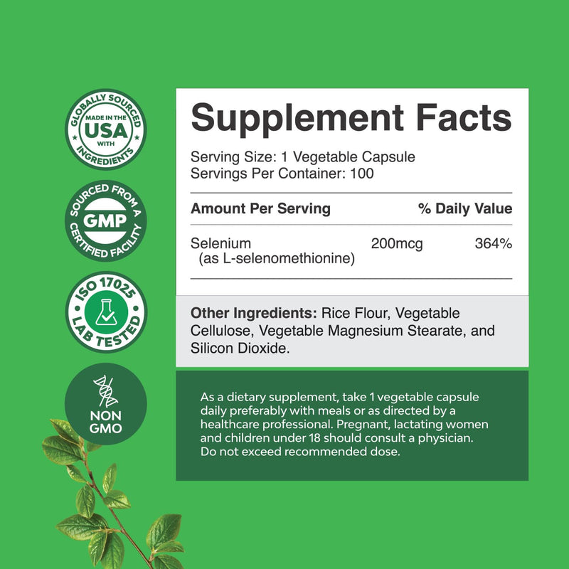 [Australia] - Yeast Free Selenium 200mcg Capsules - High Potency Selenium Supplement for Immunity Antioxidant and Thyroid Support Essential Trace Mineral - Vegan Non-GMO Gluten Free & Made in The US (100 Servings) 