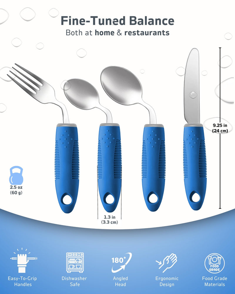 [Australia] - 4-Piece Adaptive Utensils Set - 42°Angled Parkinsons Utensils, Weighted Utensils for Tremors and Parkinsons Patients, Blue (Right-Handed) Right-handed Blue – 4pcs (2.5 oz each) 