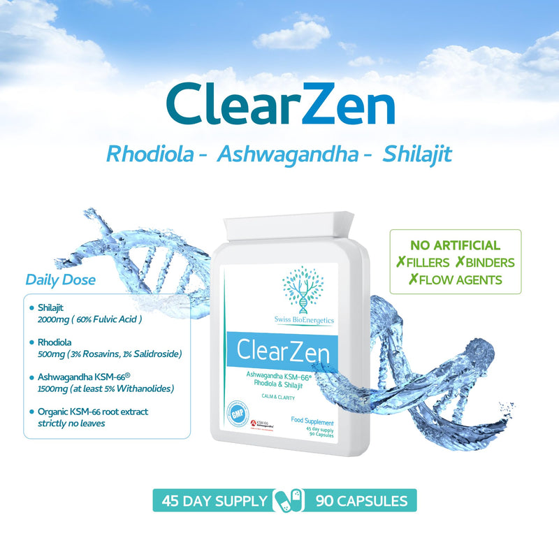 Rhodiola, Ashwagandha and Shilajit - ClearZen - Adaptogen 3-in-1 Ashwagandha KSM-66 1500mg, Rhodiola 500mg (3% Rosavins, 1% Salidrosides) & Shilajit 60% Fulvic Acid - No Artificial fillers or Binders