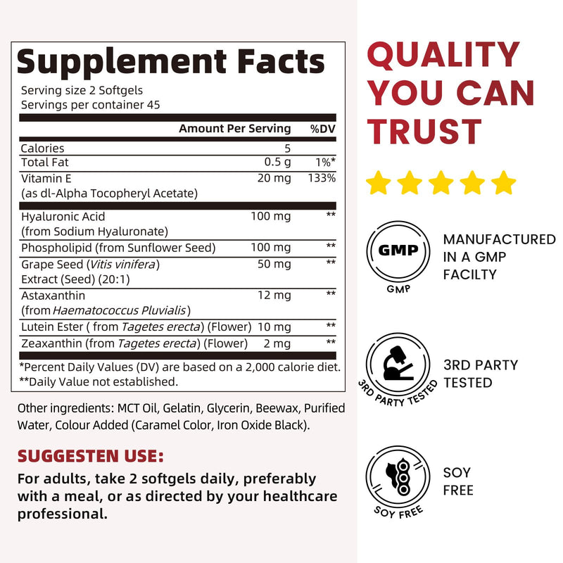 Liposomal Astaxanthin 12mg with Hyaluronic Acid & Lutein for Skin & Eye | 7-IN-1 Vegan Softgels with Vitamin E, Zeaxanthin, Phospholipids & MCT for Antioxidant, Skin Hydration, GMP, Gluten Free, 90ct 90 Count (Pack of 1)