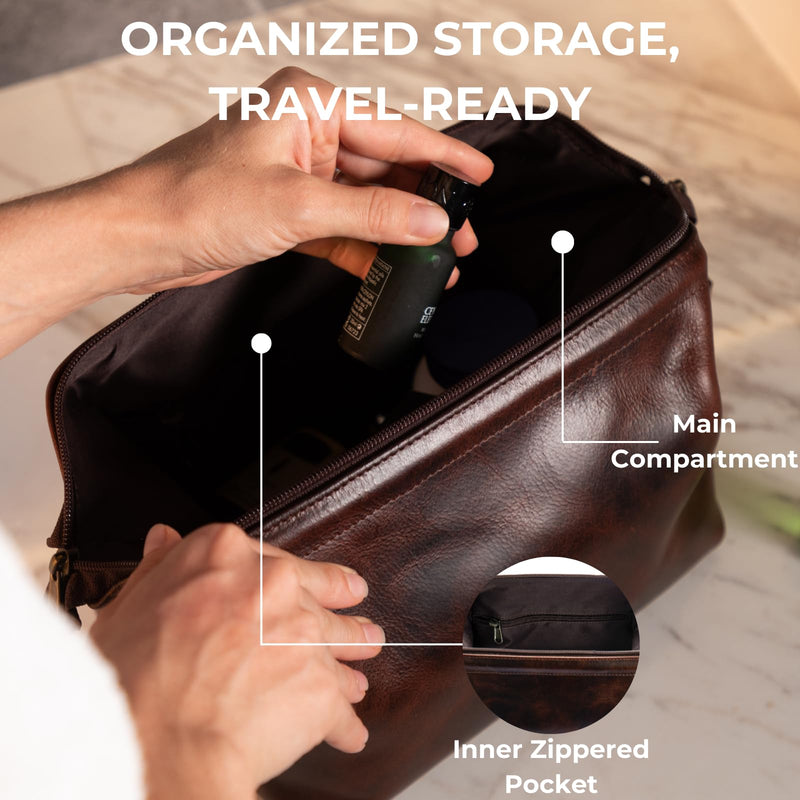 NomadCraftsCo. Premium Leather Travel Toiletry Bag for Men and Women, King-Size Dopp Kit with Waterproof Lining, Mens Toiletry Travel Bag Brown