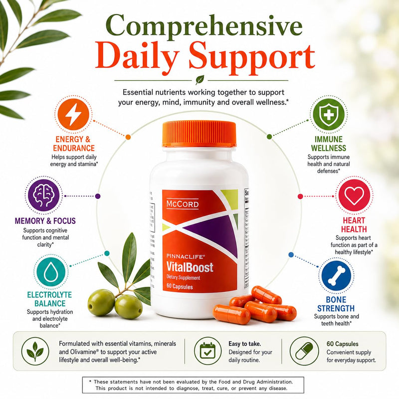 McCord VitalBoost Energy, Memory & Immunity Supplement with Vitamin D3, Magnesium, Zinc, Potassium & Olivamine, Supports Heart, Bone, Cognitive & Immune Health, Gluten-Free, 60 Capsules