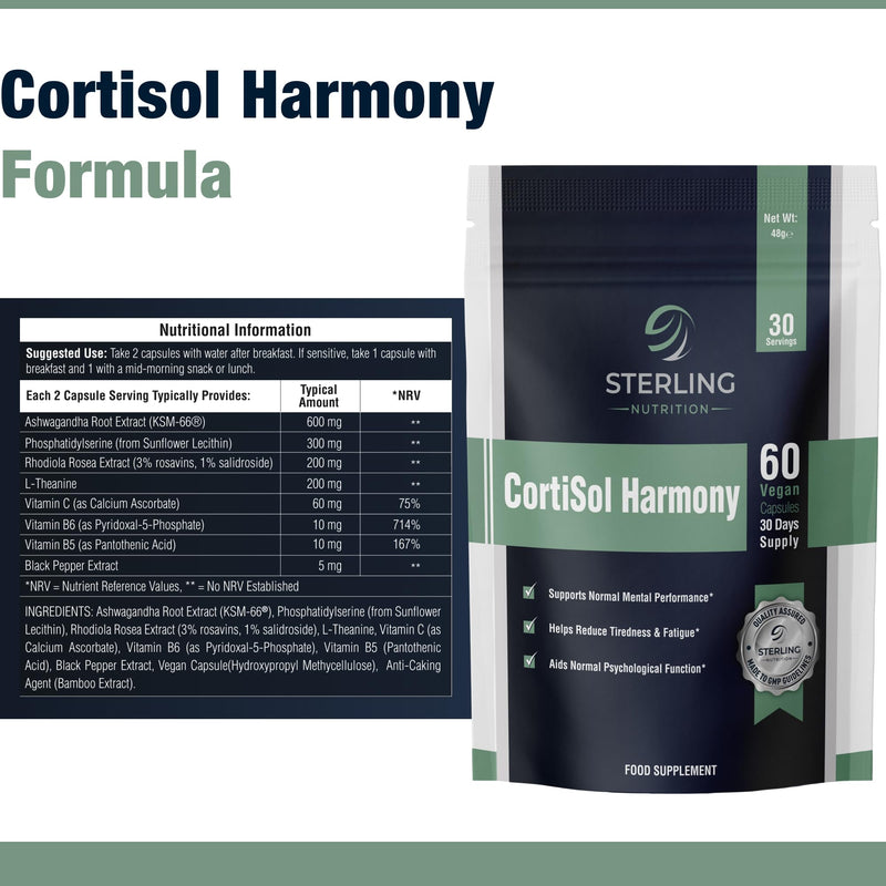 Ashwagandha KSM-66 Cortisol Harmony Formula Capsules with Phosphatidylserine, Rhodiola & L-Theanine for Stress Balance, Normal Mental Performance & Energy | 60 Vegan Capsules | STERLING NUTRITION