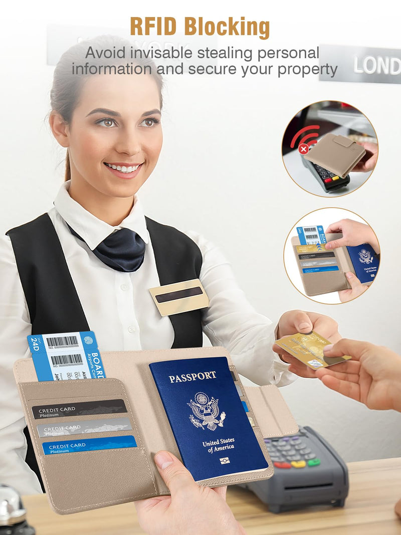 Miroddi Passport Holder Works with Apple Find My, 8-Slot Card Wallet | Travel Essentials, Wireless Charging, RFID Blocking, Leather Passport Wallet for for Men and Women with Tracker, Khaki