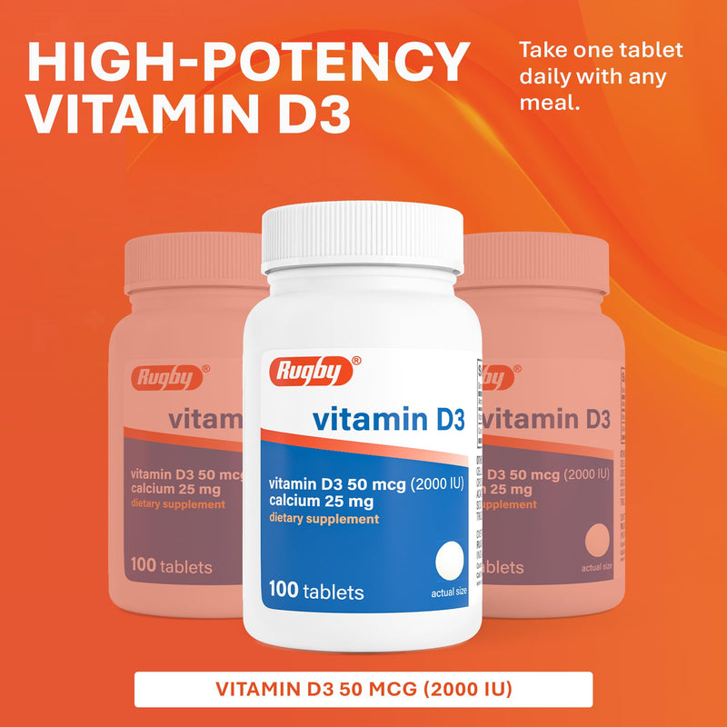 Rugby Vitamin D3 2000 IU (50 mcg) Tablets with Calcium 25 mg, 100 Count | Gluten-Free Supplements, Helps Support Calcium Absorption, for Bones, Teeth & Immunity, for Low Sun Exposure & Aging Adults