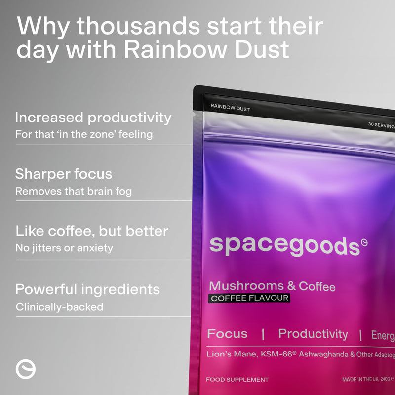 Spacegoods Rainbow Dust 240g | 30 Servings | Flavoured Mushroom Coffee | 120mg of Natural Caffeine | Lions Mane, Chaga, Ashwagandha & Vitamin B5| Sharper Focus, Energy & Calm | Coffee 240 g (Pack of 1)