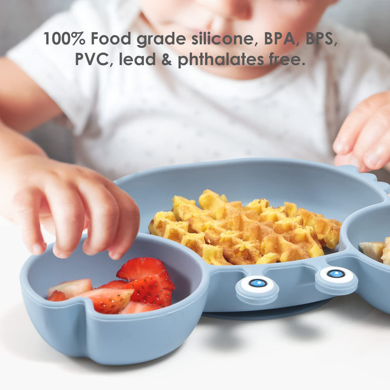 [Australia] - ROCCED Suction Plates for Baby, Silicone Plates with Suction Divided, Baby Spoon Fork Set for Toddler Baby Dishes Kids Plates and Utensils-Crab Dusty Blue 