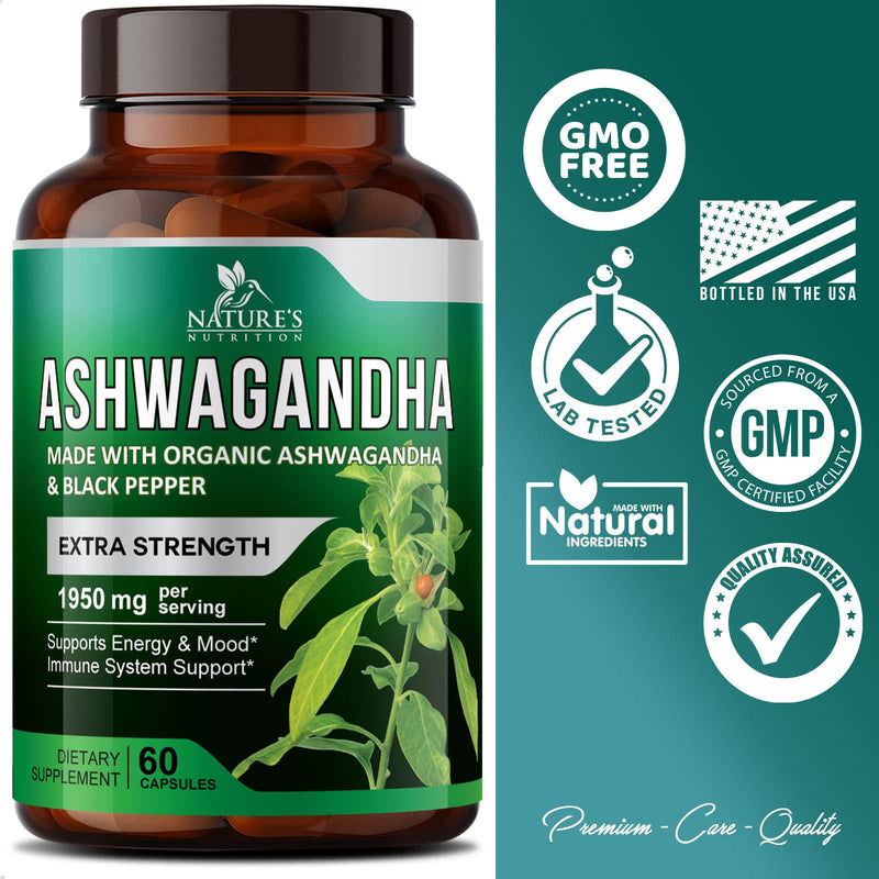 [Australia] - Nature's Nutrition Organic Ashwagandha Capsules Extra Strength 1950mg - Stress Support Formula - Natural Mood Support - Focus & Energy Support Supplement - 60 Capsules 60 Count (Pack of 1) 