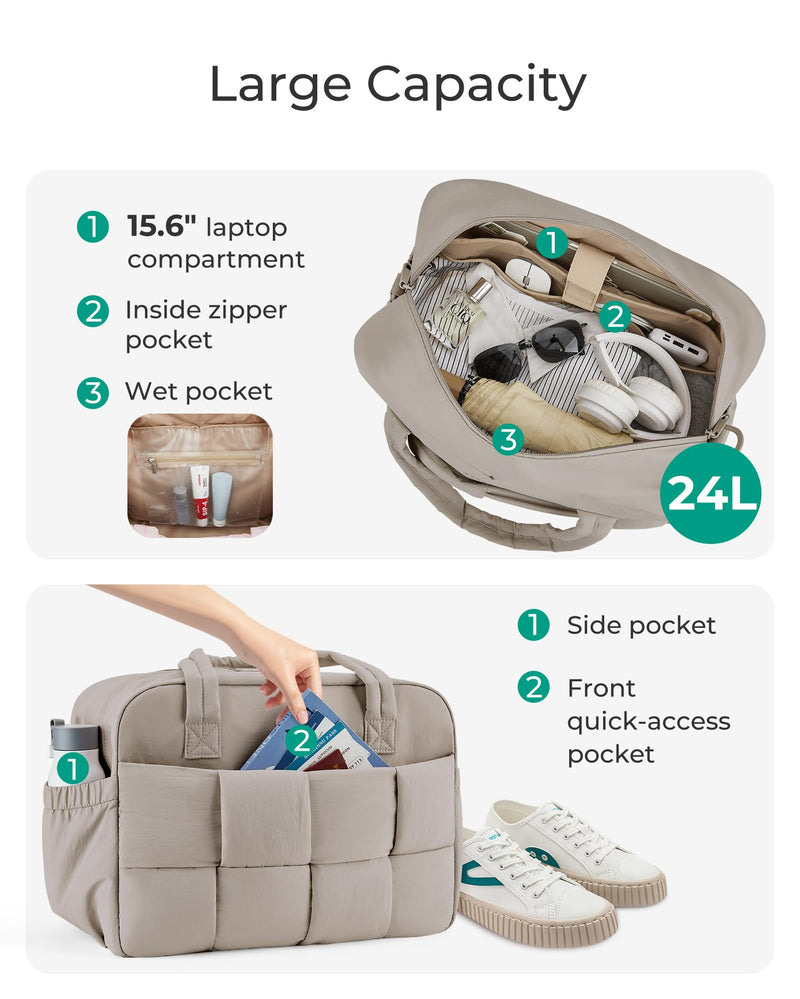 BAGSMART Gym Bag for Women, Personal Item Puffer Duffle Bag, Weekender Overnight Carry On Tote Handag for Travel Camel